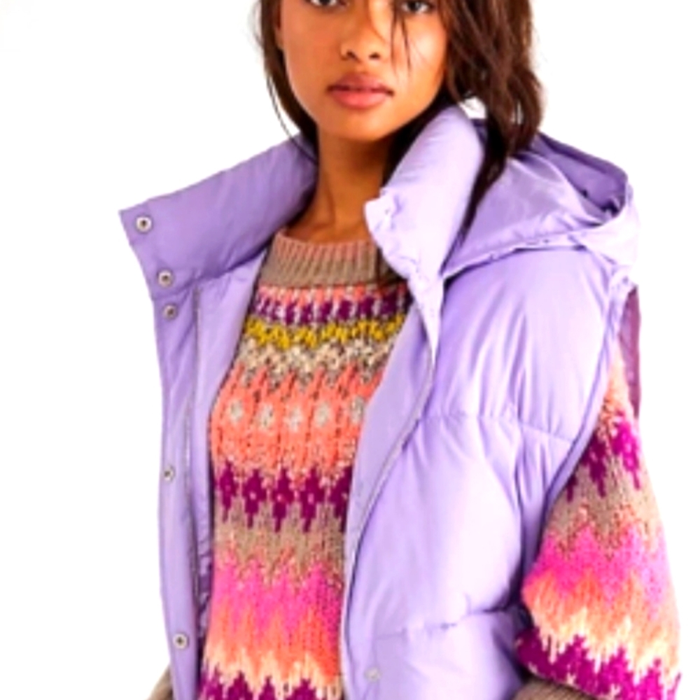 Free People Dreamers Puffa vest in Lilac Lg NWOT hooded zip snap closure